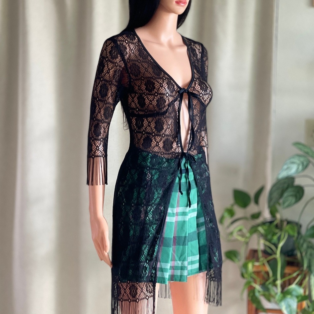 Vintage 90s XOXO Black Sheer Floral Lace Tie Front Cardigan Goth Witchy Size S